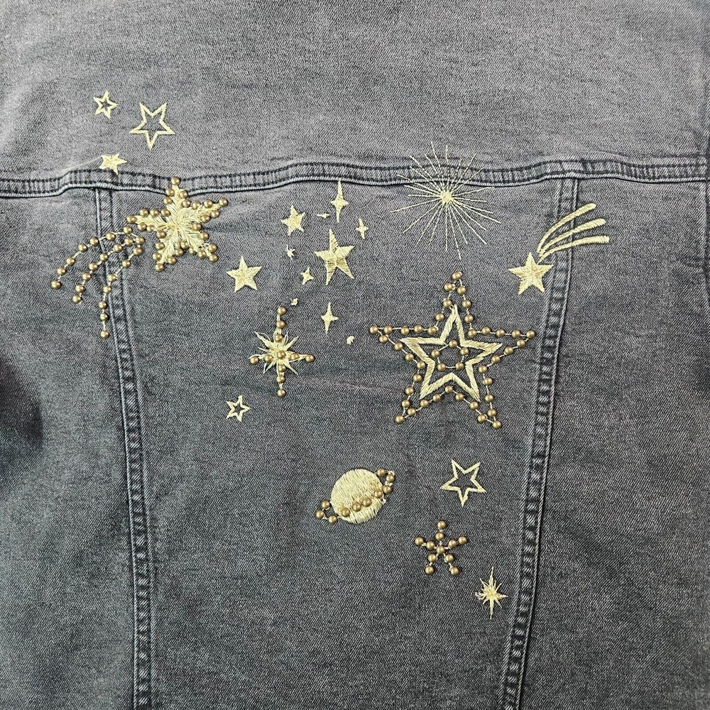 $178 NWT Driftwood Denim Jacket Women XS Studded Gold Star Embroidered Black